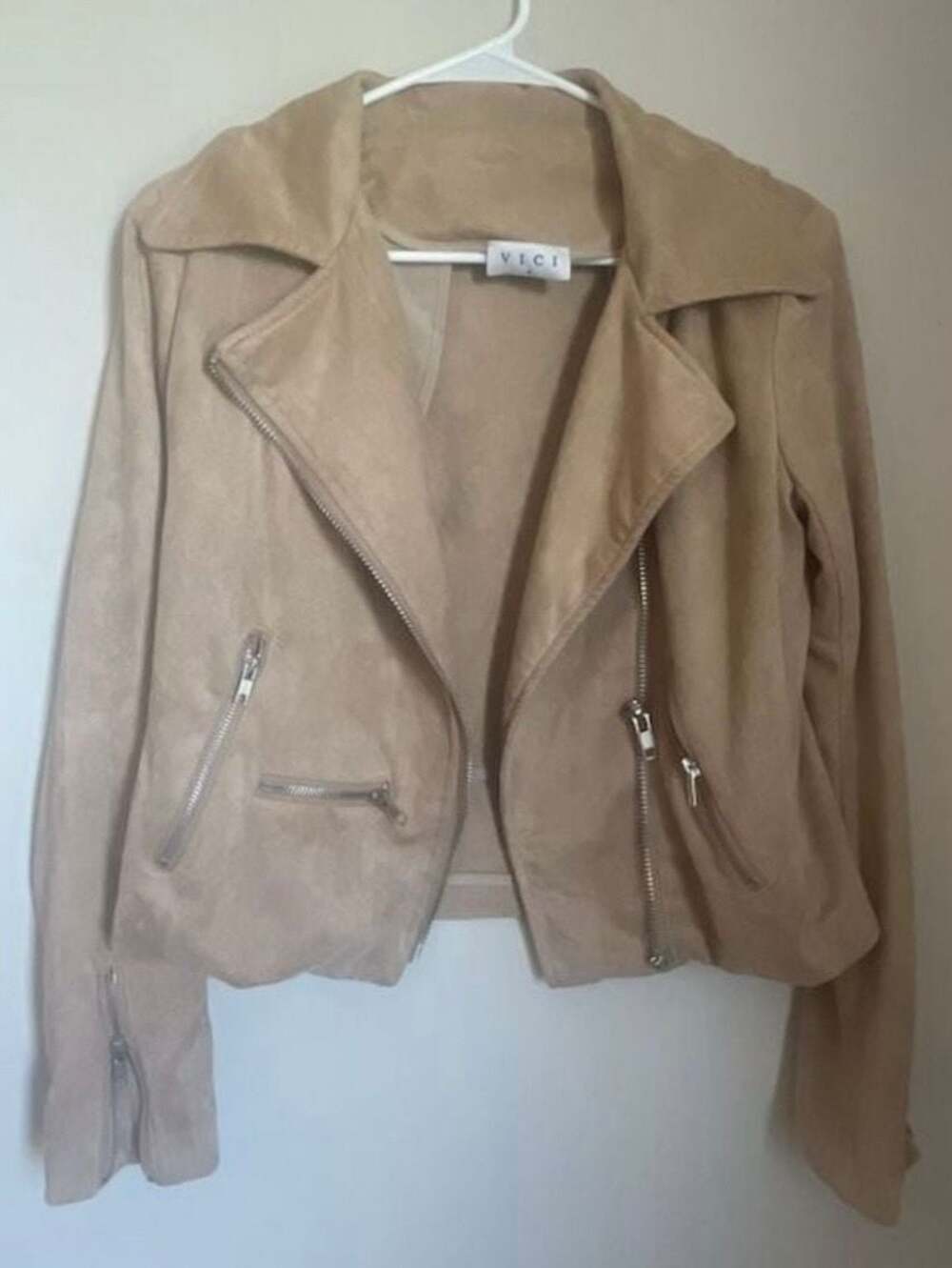 VICI Women's Faux Suede Moto Jacket in Beige